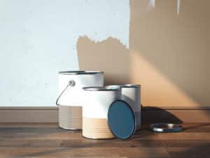 Paint cans near light brown walls and on wooden floor, 2 cans are opened, 1 is closed, 3d rendering